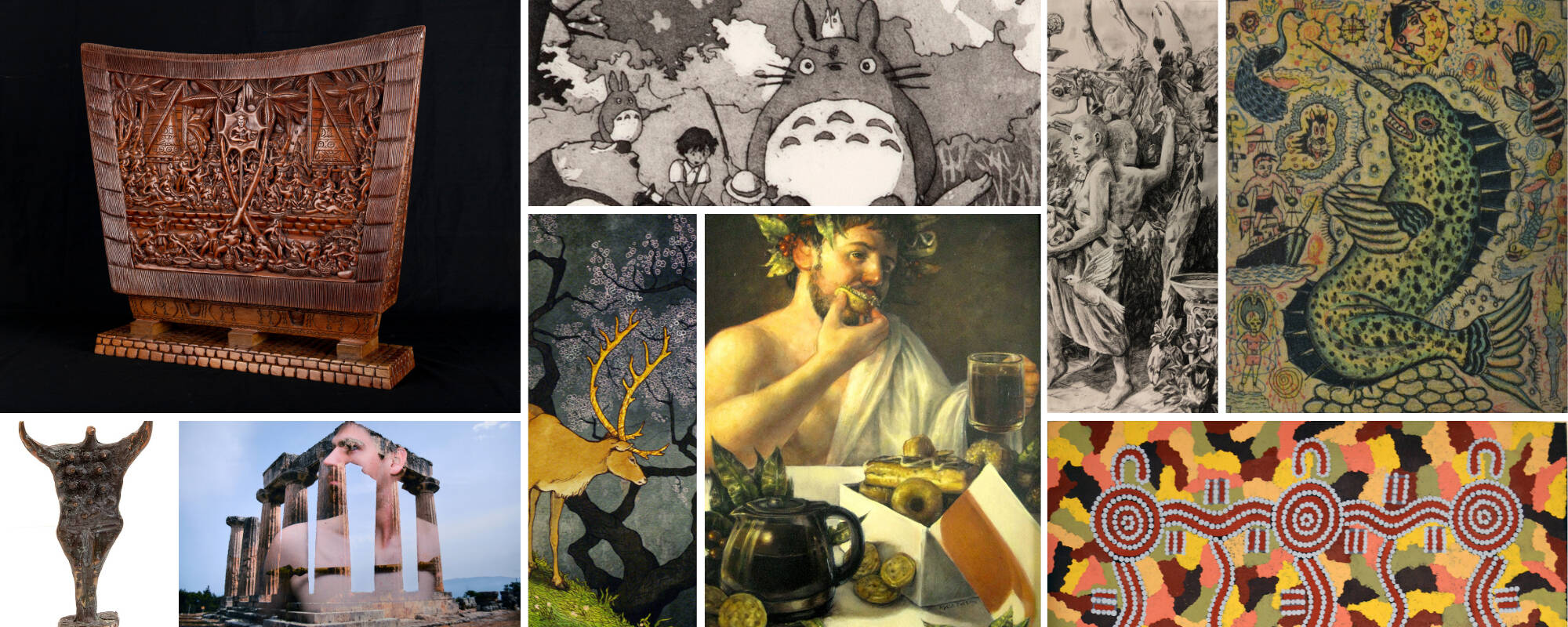 Collage of nine images from the GVSU Art Museum Collection relating to the theme of mythology.